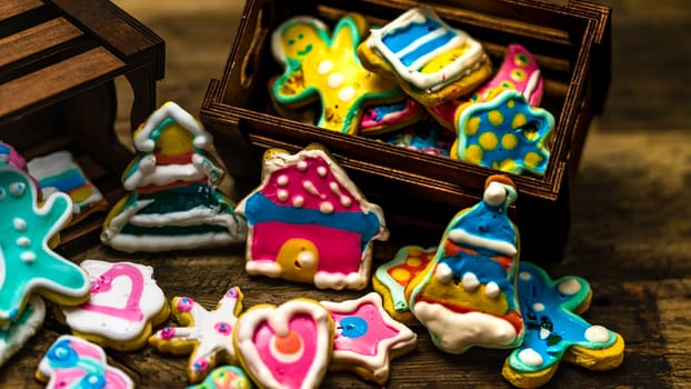 Tasty homemade Christmas cookies on wooden table