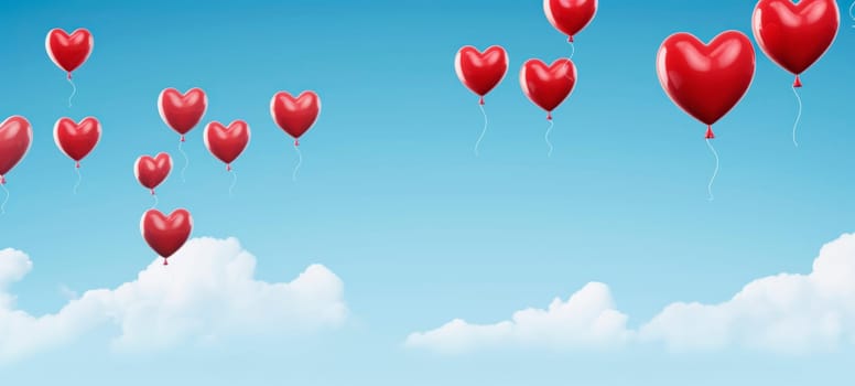 Vibrant red heart-shaped balloons ascend into a sunny sky with fluffy clouds, symbolizing love and happiness.