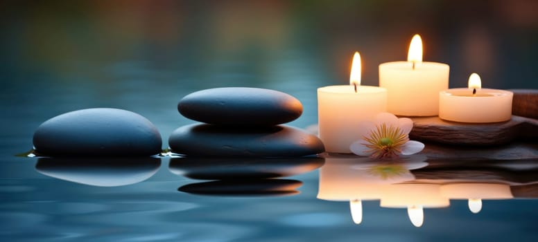 A serene spa ambiance with glowing candles, smooth stones, and delicate pink flowers reflected on water for a tranquil and meditative atmosphere.