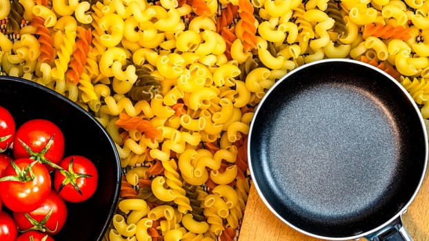 Beautiful tasty Italian pasta, tomatoes, onions and garlic for cooking pasta