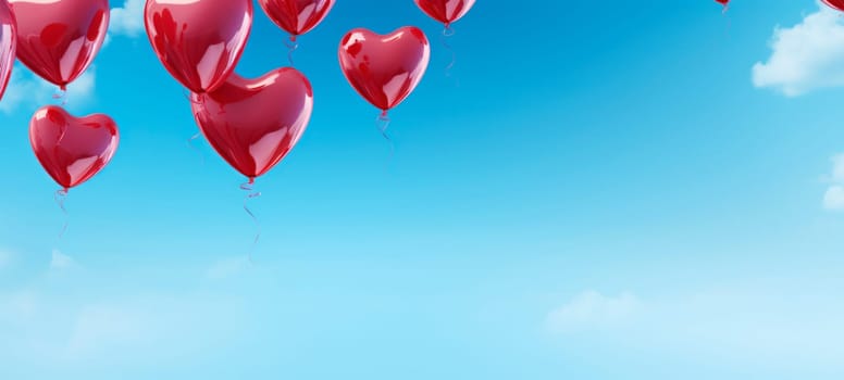 Multiple red heart-shaped balloons ascending into the clear blue sky, conveying feelings of love and celebration.