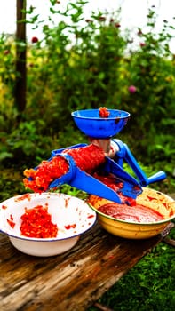 Grounding tomatoes for tomato sauce. Homemade tomato sauce