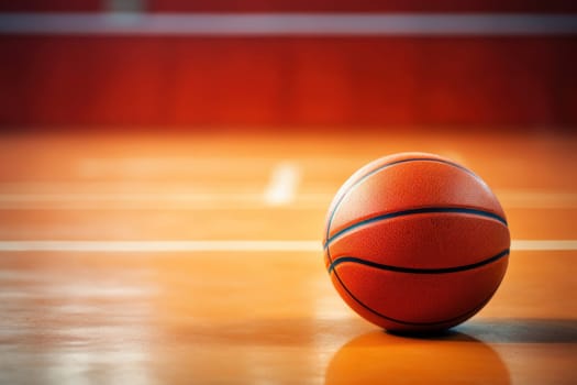 A vibrant orange basketball placed center court on polished wooden flooring, evoking energy and anticipation for a basketball match.