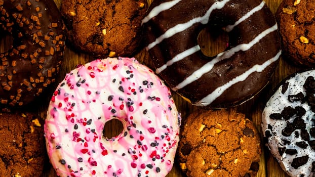 Colorful donuts on wooden table. Sweet icing sugar food with glazed sprinkles, doughnut with chocolate frosting. Top view with copy space