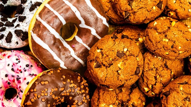 Chocolate chip cookies, biscuits and colorful donuts. Top view and background of glazed doughnuts and biscuits .