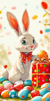 An exuberant Easter illustration captures a white bunny with vibrant ears, clutching a gift box, surrounded by a variety of colorful, patterned Easter eggs