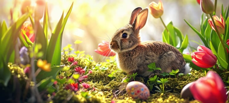 A charming bunny enjoys the beauty of a sun-drenched flower garden, surrounded by Easter eggs and blooming tulips.