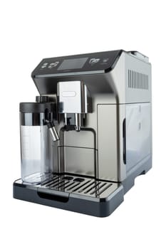 Side view of a contemporary espresso machine with a clear water reservoir and milk frother