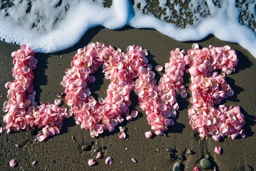 romantic beach of love rose petals on the coastline wide view pragma