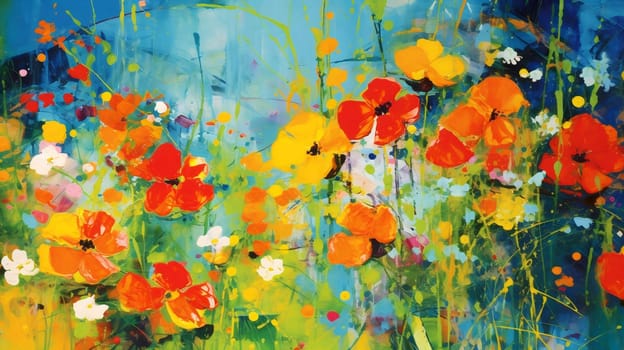 A vibrant burst of color and life, the painting captures the delicate beauty of poppy flowers on a dreamy blue canvas, evoking a sense of whimsy and creativity - generative AI