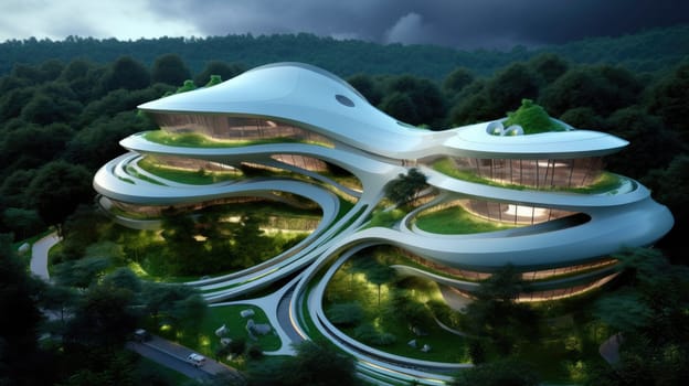 Futuristic sustainable complex office building for green economy and sustainability comeliness