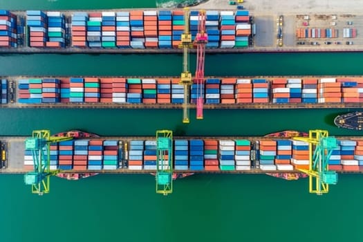 generative ai, container ship in import export and business logistic, By crane , Trade Port , Shipping,cargo to harbor, Water transport, International, Shell Marine, transportation, logistic. High quality image