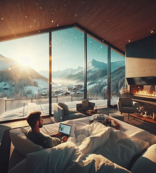 digital influencer nomad comfortable trade remote work laptop luxury cabin wintertime mountain view generative ai art