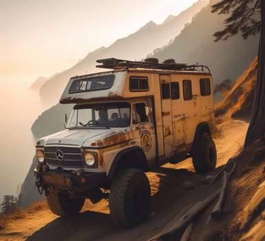 rusty dirt offroad 4x4 lifted vintage custom camper conversion jeep overlanding in mountain roads, nomadic lifestyle, adventure living, ai generated