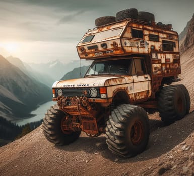 rusty dirt offroad 4x4 lifted vintage custom camper conversion jeep overlanding in mountain roads, nomadic lifestyle, adventure living, ai generated