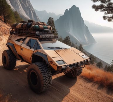 rusty dirt offroad 4x4 lifted vintage custom camper conversion jeep overlanding in mountain roads, nomadic lifestyle, adventure living, ai generated