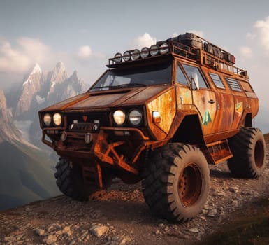 rusty dirt offroad 4x4 lifted vintage custom camper conversion jeep overlanding in mountain roads, nomadic lifestyle, adventure living, ai generated