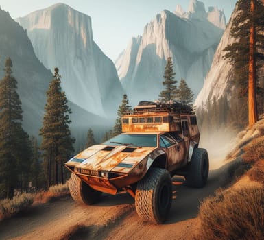 rusty dirt offroad 4x4 lifted vintage custom camper conversion jeep overlanding in mountain roads, nomadic lifestyle, adventure living, ai generated