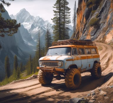 rusty dirt offroad 4x4 lifted vintage custom camper conversion jeep overlanding in mountain roads, nomadic lifestyle, adventure living, ai generated