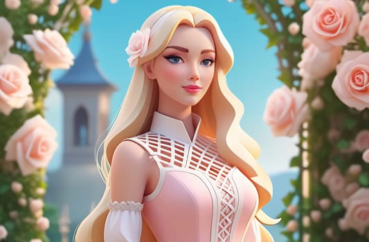 Illustration of a beautiful blonde princess on the background of a window with a lovely landscape, an arch of roses in the foreground.