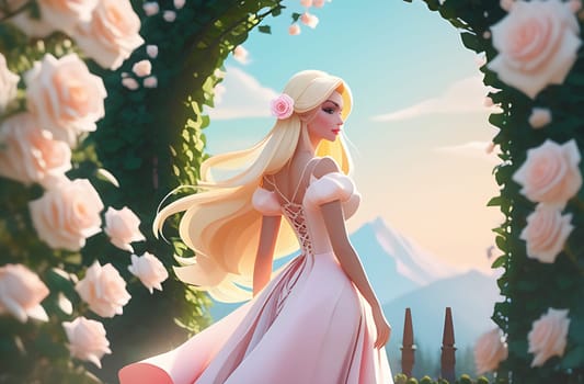 Illustration of a beautiful blonde princess on the background of a window with a lovely landscape, an arch of roses in the foreground.