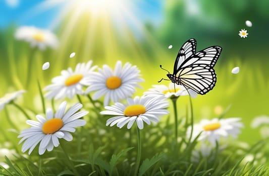 Cute summer illustration of a summer meadow, a butterfly sitting on a daisy flower, sunlight on a blue sky background, close-up.