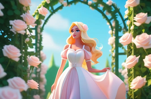 Illustration of a beautiful blonde princess on the background of a window with a lovely landscape, an arch of roses in the foreground.