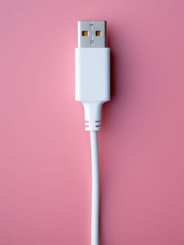 White cable in charge , side view, minimalist style, solid background. Generative AI.