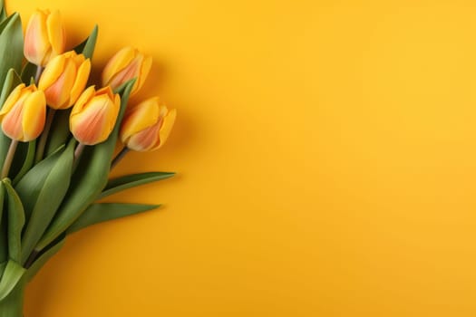 Photo of tulips on yellow background, copy space. Generative AI.