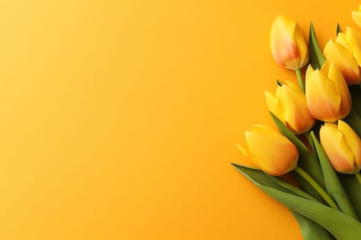 Photo of tulips on yellow background, copy space. Generative AI.