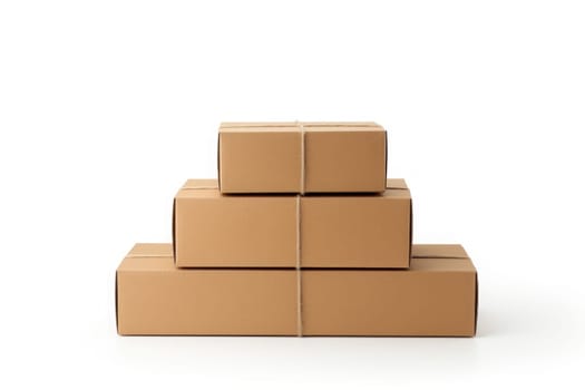 Clean, plain cardboard boxes in stock , white background, isolated on white. Generative AI.