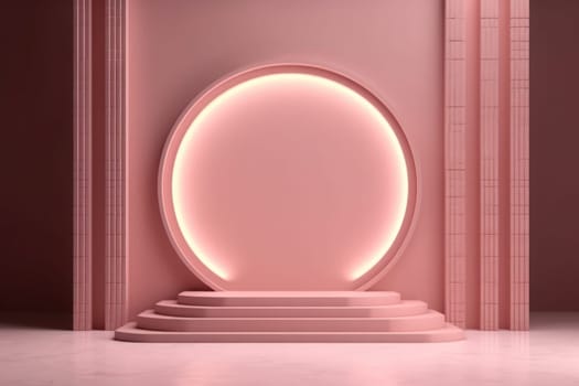 Pink wall podium surrounded by luxury stones, the style of minimalist stage designs. Generative AI.