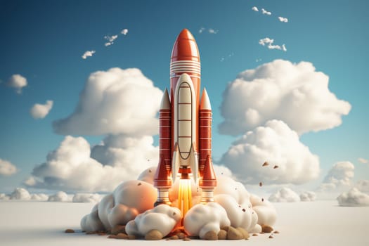 Space rocket flying toward the clouds believable Having a successful company concept. Generative AI.