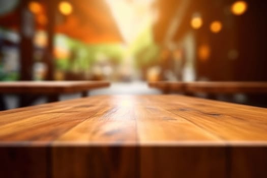 Wooden table top with blur background of coffee cafe. Generative AI.