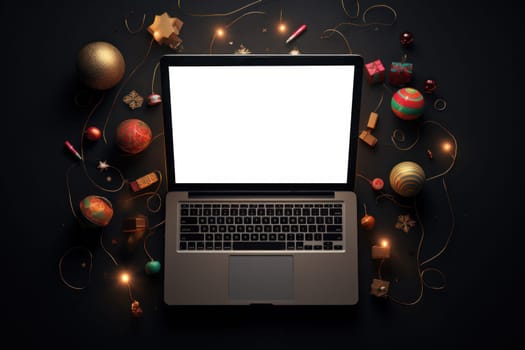 Laptop computer adorned with charming Christmas ornaments. Generative AI.