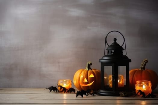 Halloween decorations light background with copy space. Generative AI.