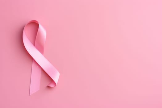 Pink cancer awareness ribbon, pink background. Generative AI.