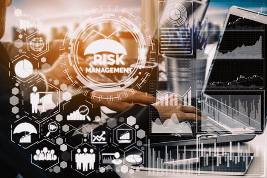 Risk Management and Assessment for Business Investment Concept. Modern interface showing symbols of strategy in risky plan analysis to control unpredictable loss and build financial safety. uds