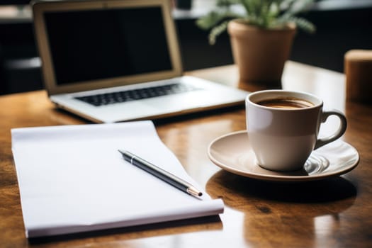 An office desktop a stack of A4 white paper, a pen, a cup of coffee. Generative AI.