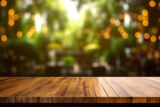 Wooden table top with blur background of coffee cafe. Generative AI.