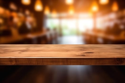 Wooden table top with blur background of coffee cafe. Generative AI.