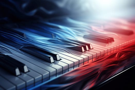 Modern piano keys horizontally lining one side and aura of red white and blue. Generative AI.