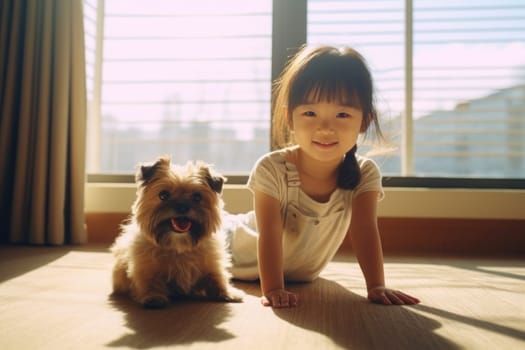 The little girl is lying on the floor playing on the floor at home with a pet dog. Generative AI.