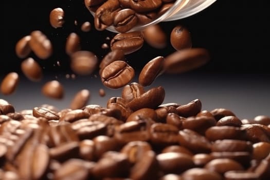 Flying coffee beans close-up. Generative AI.