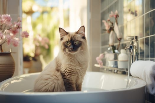 Siamese cats, bathroom surroundings. Generative AI.