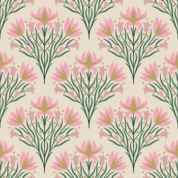 Hand drawn seamless pattern illustration pink carnation flower and green leaves. Orange blush floral blossom bloom in scallop shape, spring japan festival, delicate natural arrangement, elegant print