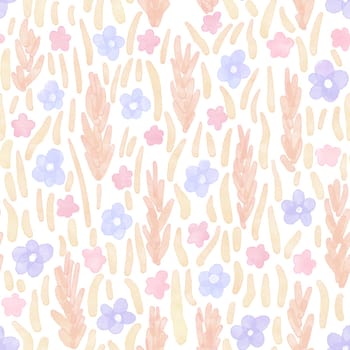 Hand drawn seamless pattern of watercolor tiny ditsy flowers. Blue yellow orange floral print on light pastel background, vintage retro minimalist style, small daisy nature art, spring summer garden five petals