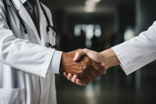 Close-up on a medical insurance agent greeting a doctor with a handshake. Generative AI.