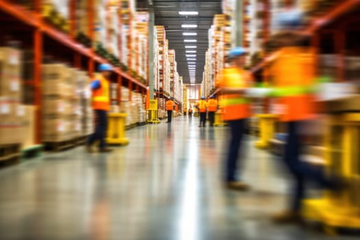 Blurred image of warehouse employees in action, moving shipping boxes efficiently. Generative AI.