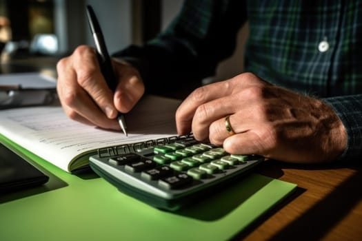 Close-up of the hands of an agile accountant, calculator. Generative AI.